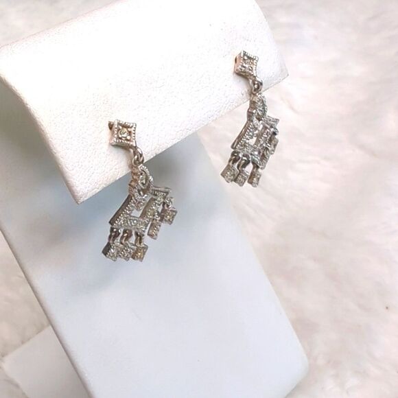 Vintage Sterling Silver and Tiny CZ Stone Drop Pierced Earrings - Picture 5 of 8